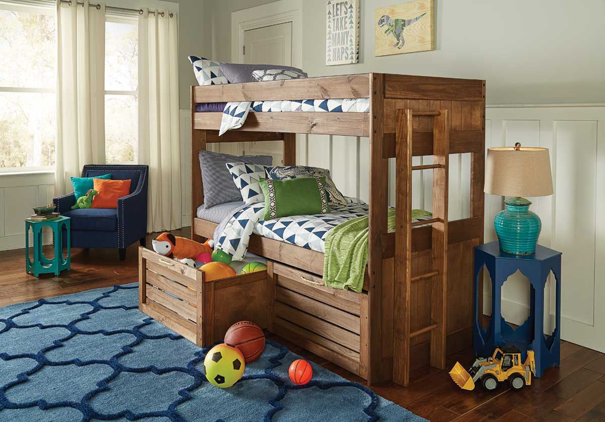 wooden bunk beds with storage