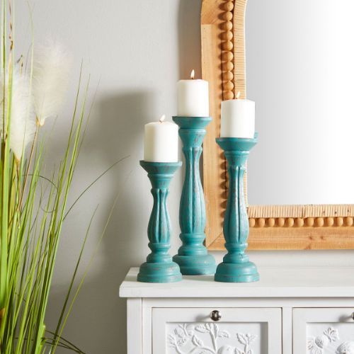 Picture of TEAL WOOD CANDLE HOLDER SET OF 3